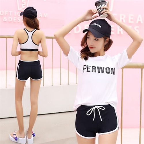 水着 レディース 韓国 タンキニ レディース水着 体型カバー ビーチスイムウェア/水泳/みずぎ/小胸も安心 中学生 高校生 可愛い水着 ビビッド 黒 白 10代 20代