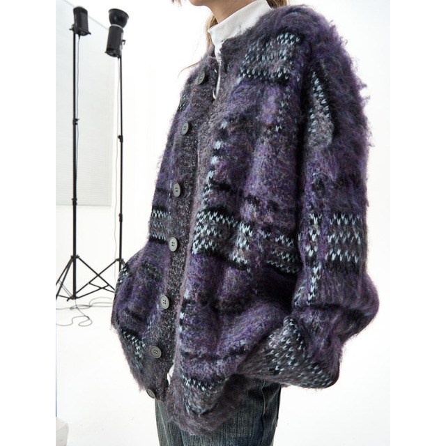 checked mohair knit cardigan　チェックモヘアニットカーディガン　J1462