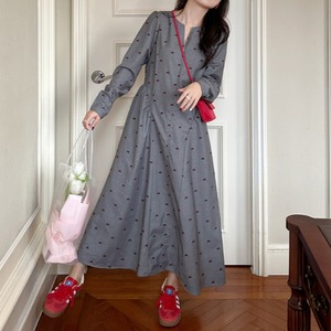 ribbon print front zip long one-piece　J00224