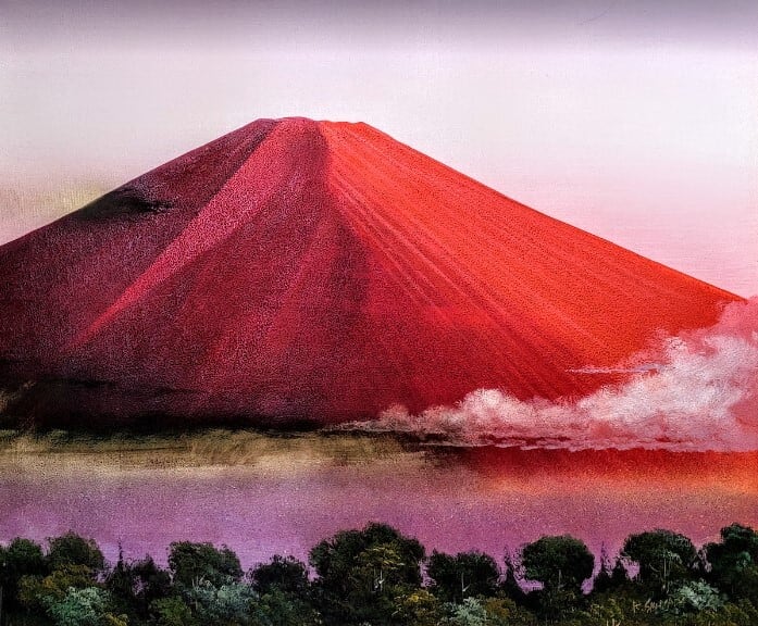 昇陽赤富士油絵 昇陽赤富士 Ｆ3号 額入り - 絵画