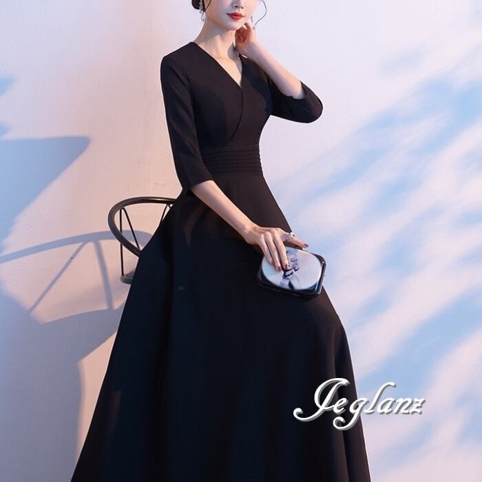 美ライン パーティ イブニングドレス Vネック 7分袖 上品 2色 ♪ (M8919)ζ