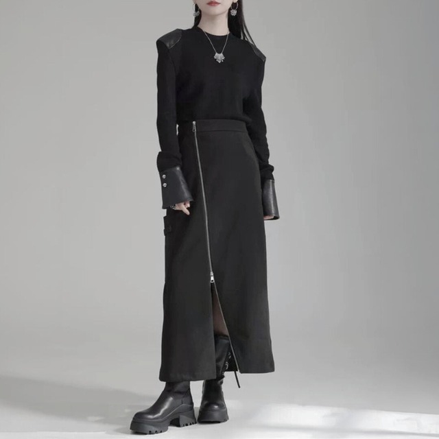 Zip front straight long skirt C1249