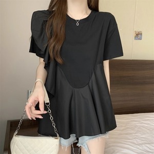 アシメ フリル ペプラム 切り替え 半袖 Tシャツ レディース トップス カットソー プルオーバー 丈長 ミディアム 半袖 ラウンドネック 襟なし Aライン アシンメトリー 切り替えデザイン ポリエステル かわいい 大人可愛い きれいめ カジュアル おしゃれ ガーリー 個性的 存在感 無地 春 夏 秋 ママ 通勤 学生 学校 通学 デート お出かけ 旅行 公園 女子会 休日 韓国 体型カバー 普段使い 着回し S M L XL 2XL 3XL 4XL 大きいサイズ ゆったり 白 ホワイト 黒 ブラック