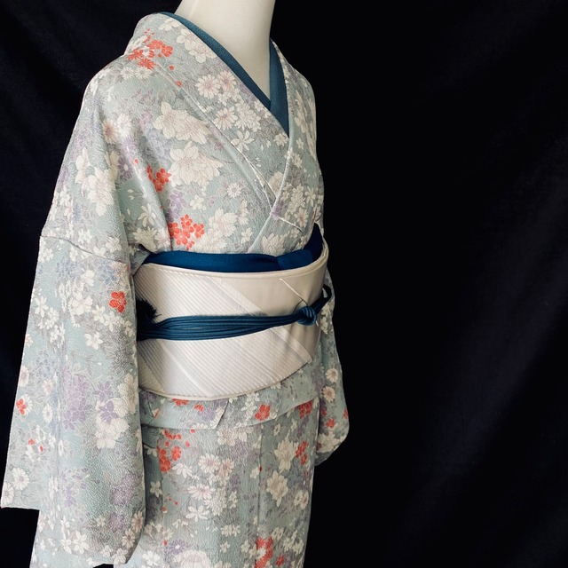 ブルーグレー縮緬の花の小紋〉トール 洋服感覚の着物 ⁡ | 和小物 あかりや
