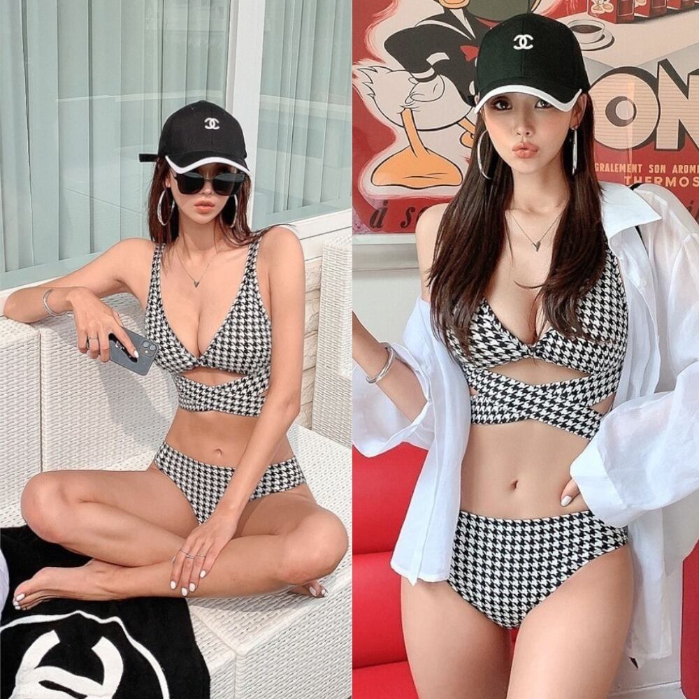 可愛い大人気☆千鳥柄 ビキニ クロスストラップ＆バックリボン