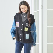 【SALE 31%OFF 4/10 10:00まで】TRUBE デニム袖リブニットドッキング ワッペンカーディガン 【M~L】ブラック