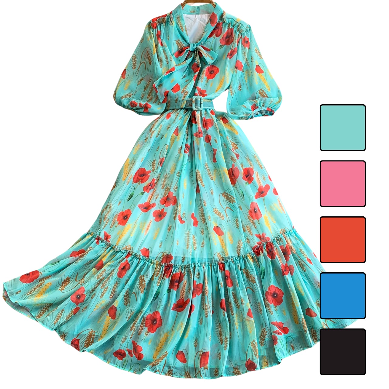 フラワーボウタイティアードワンピース 5color L2103