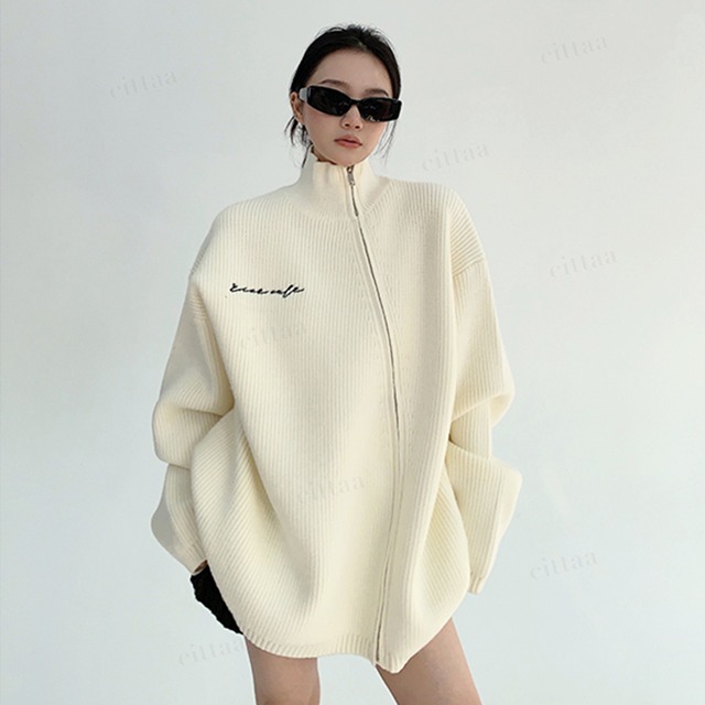 ★予約★D-734　2025秋冬新作♡アシメジップデザインハイネックニット　オフホワイト