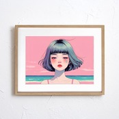 Pink Tide Tears｜涙と海が溶け合うボブヘア少女のアートポスター｜感情を映すピンクの空と静かな波｜モダン人物画｜A2ポスター