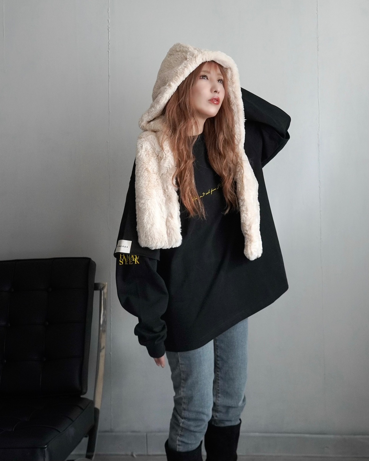 【HIDE AND SEEK 24-25NEW/REVAIVAL】Patch layered designロンTスウェット／ブラック