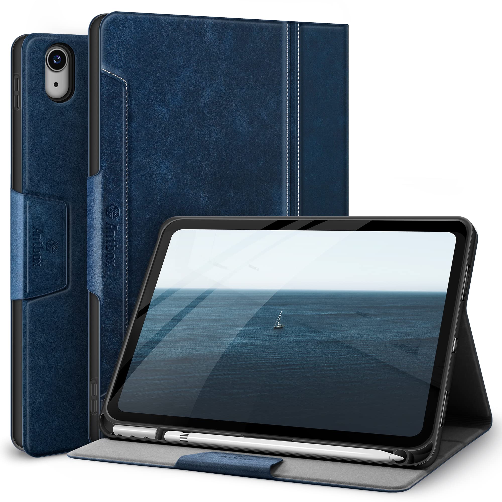 Antbox iPad 第11世代 ケース(A16) 第10世代 ケース 10.9インチ 高級ソフトPUレザー製 ひび割れ防止 耐衝撃 アップルペンシル収納可 オートスリープ&スタンド機能付き 全面保護 (ブルー)