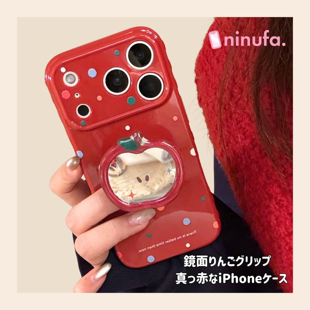 【iPhone17-11対応】真っ赤なリンゴ◎鏡面グリップ ドット柄 韓国ケース レッド アップル かわいい 水玉 スマホケース ND-16669