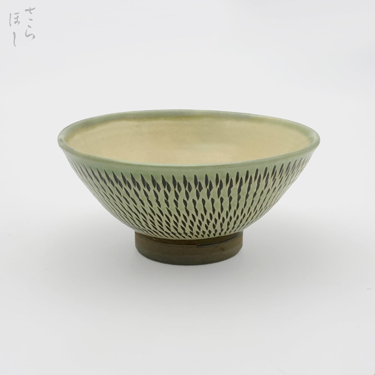 小鹿田焼 小袋窯 4寸2分飯碗 飛びかんな 緑 直径約12.5cm 陶器 和食器