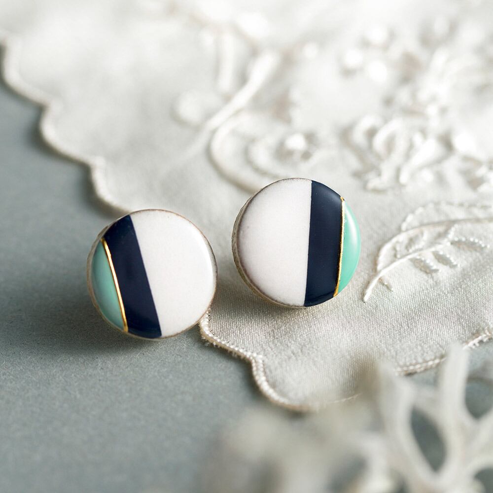 美濃焼陶器 クラシックライン 藍色×ミント ピアス / イヤリング