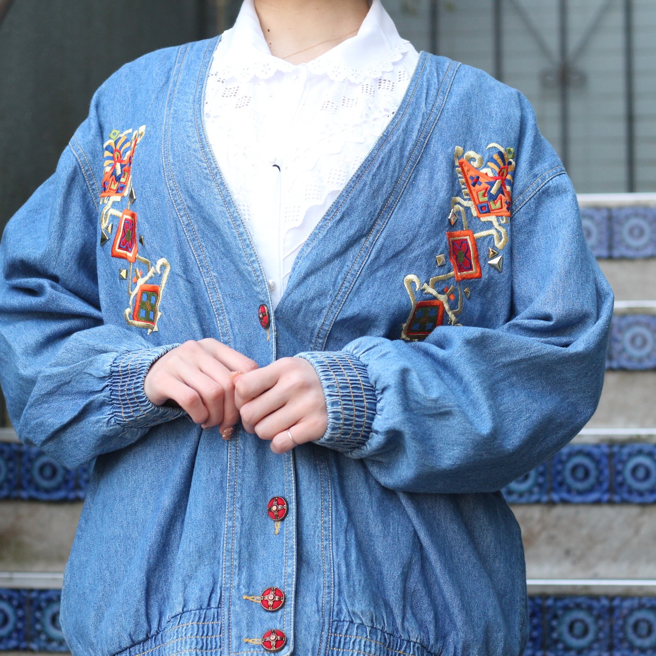 USA VINTAGE EMBROIDERY DESIGN DENIM CARDIGAN/アメリカ古着刺繍  