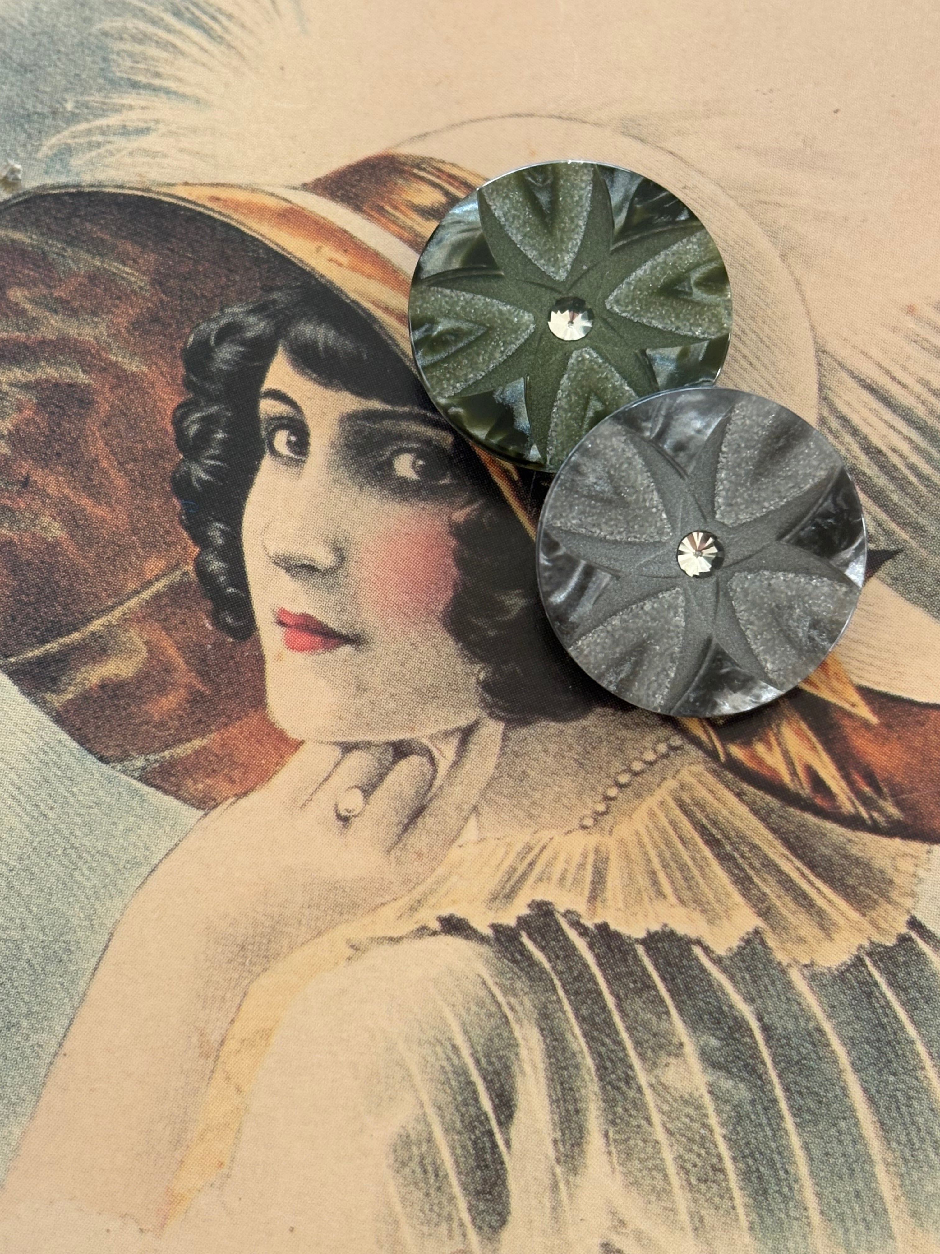 20mm Japanese Vintage ボタン カーキ/グレー ストーン レトロ アクセサリーパーツ 装飾材 カルトナージュ