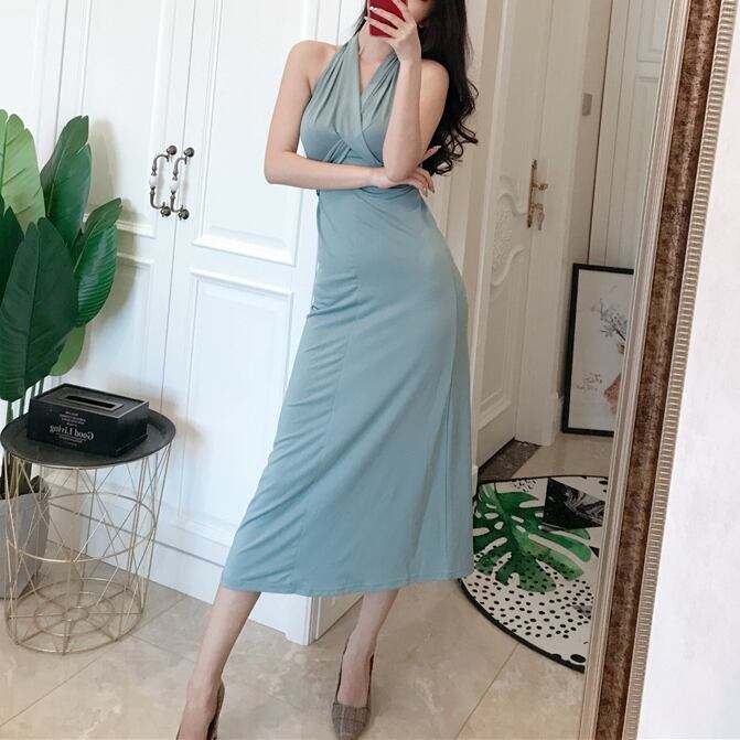 ワンピース ドレス リゾートワンピ ホルターネック 無地 ミモレ丈 ノースリーブ 肌見せ バックオープン 春 夏 ミントグリーン Free 10代 代 30代 Country Road