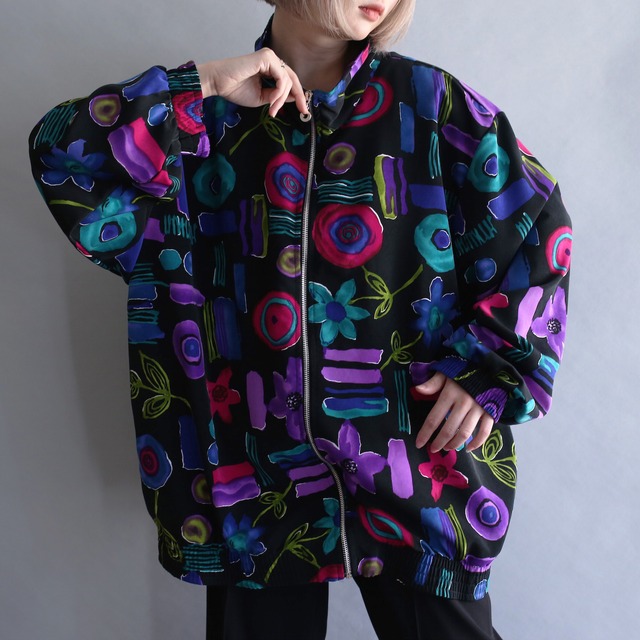 flower and circle poison color  pattern high-neck blouson