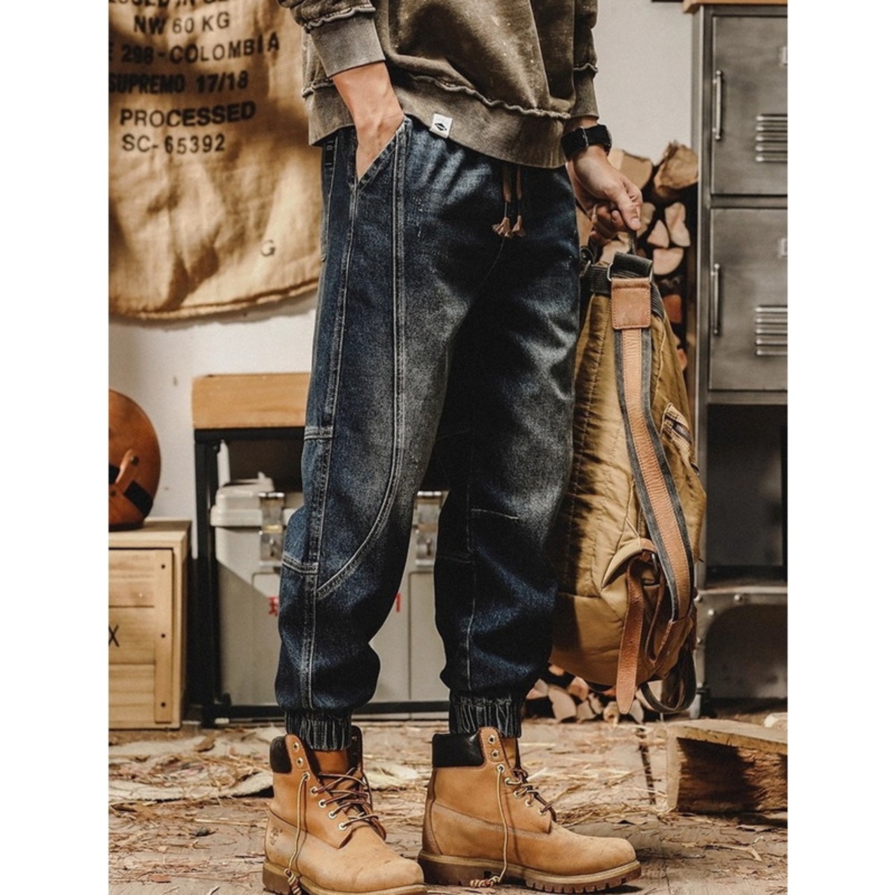 Vintage Processed Denim Material Tapered Silhouette Jogger Pants ◇2color H0785