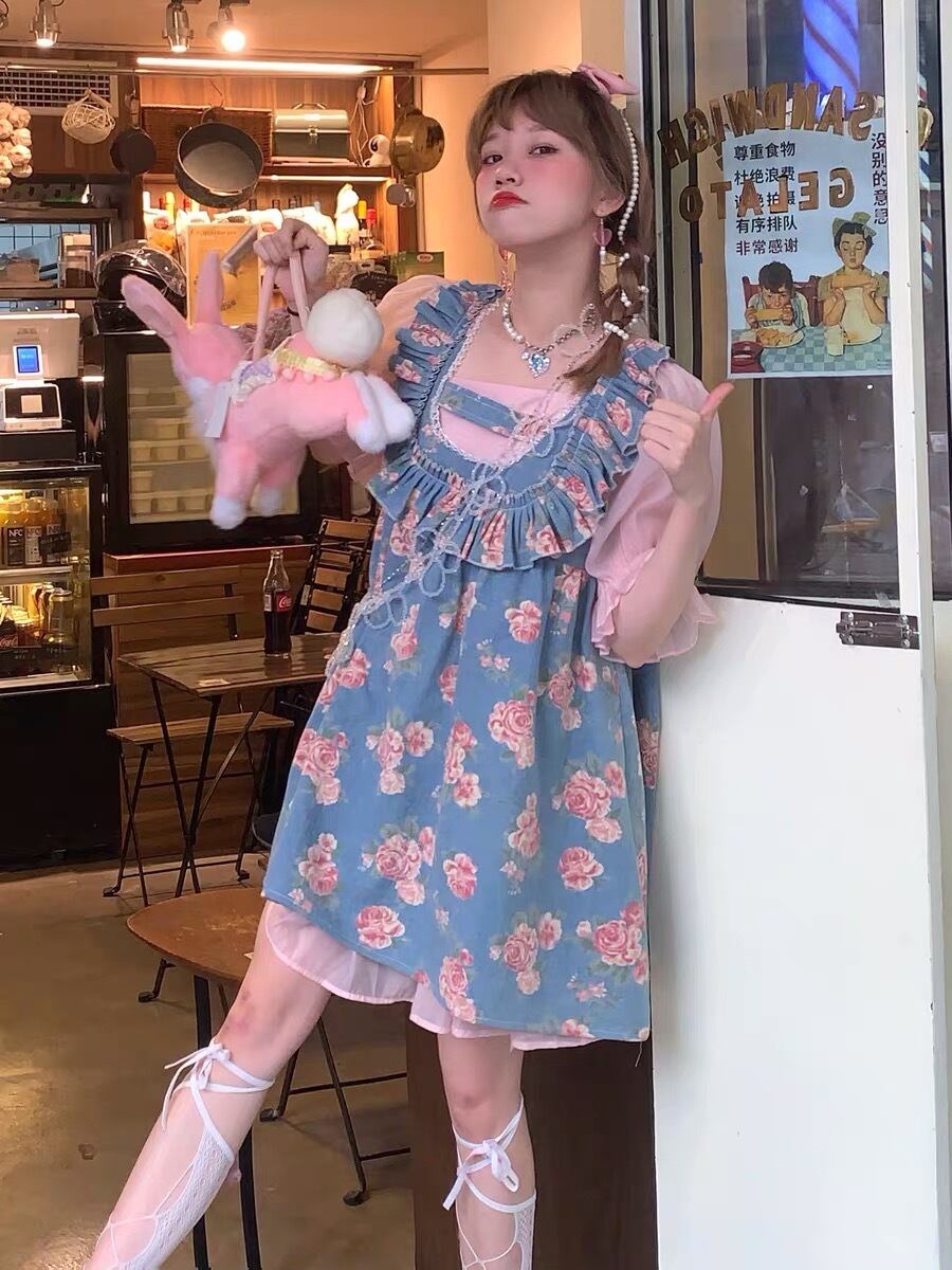 カラフルくまさんとクラッシュデニムのワンピース見本