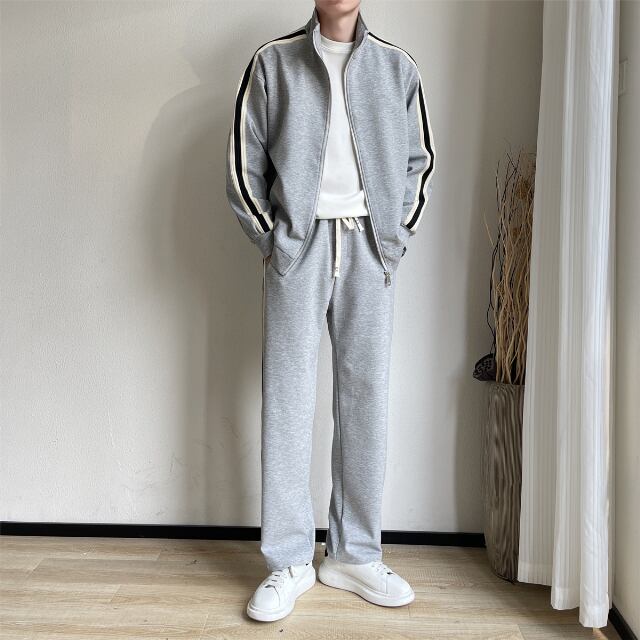 【予約販売】メンズ セットアップ 無地 シンプル ライン 2本線 ブラック/ダークグレー/ライトグレー/ホワイト スエット カジュアル モード きれいめ 男前 パンツ セット ジャージ ジム スポーティー ダンス ジム 韓国 トレンド 大きいサイズ M/L/XL/2XL