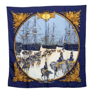 エルメス カレ90 MARINE ET CAVALERIE 海と騎兵隊 スカーフ 大判 ブルー系 シルク レディース HERMES 【中古】