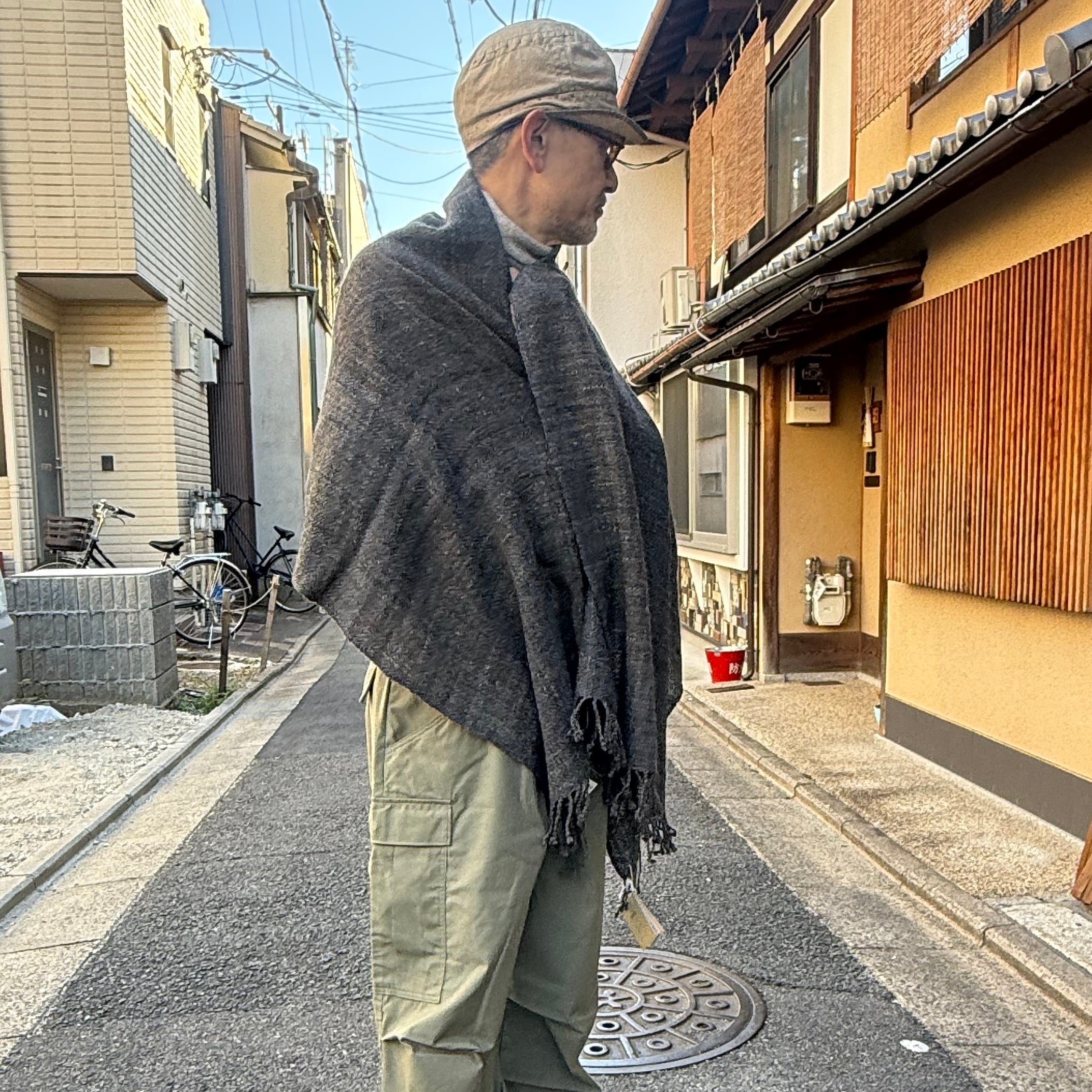 PUENTE/プエンテ 手紡ぎアルパカ手織りショール #RT-1-B グレー