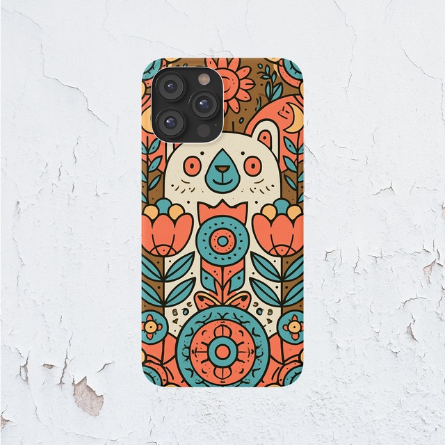 受注生産 iPhoneケース 猫と花のサイケ民芸柄｜猫モチーフ PSYF060C