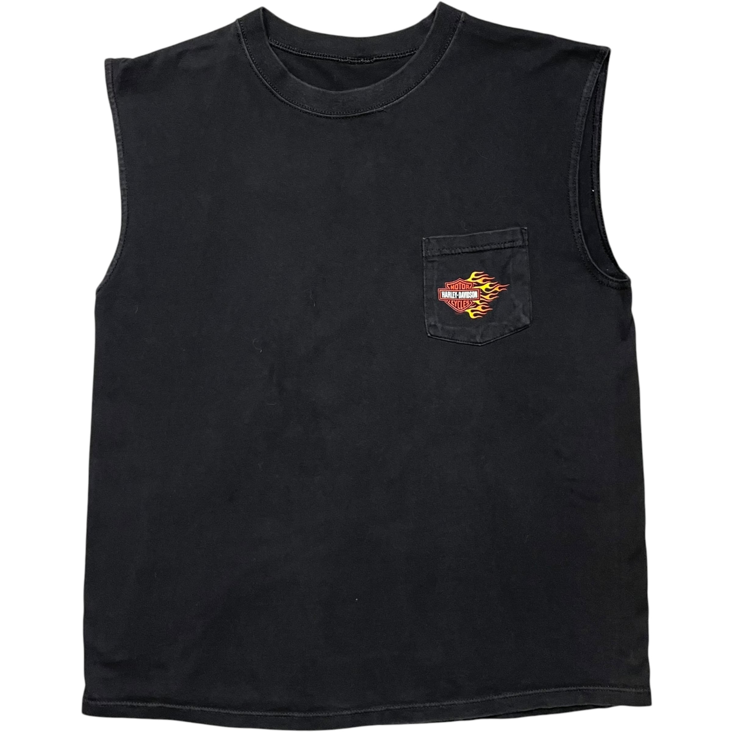 《L》 Harley-Davidson ハーレーダビッドソン ノースリーブTシャツ ブラック 胸ポケット プリントデザイン タグ欠品 ダメージ no.10194