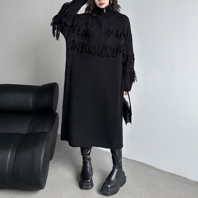 BLACK HIGH NECK HALF ZIP LONG FRINGED KNIT DRESS 1color M-15013
