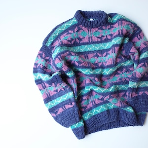 Ecuador hand knit sweater "pink×blue"