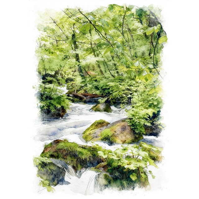 絵画(風景画) 日本 新緑の奥入瀬渓流 インテリアアート額付き 水彩画・油絵風 WAT0934