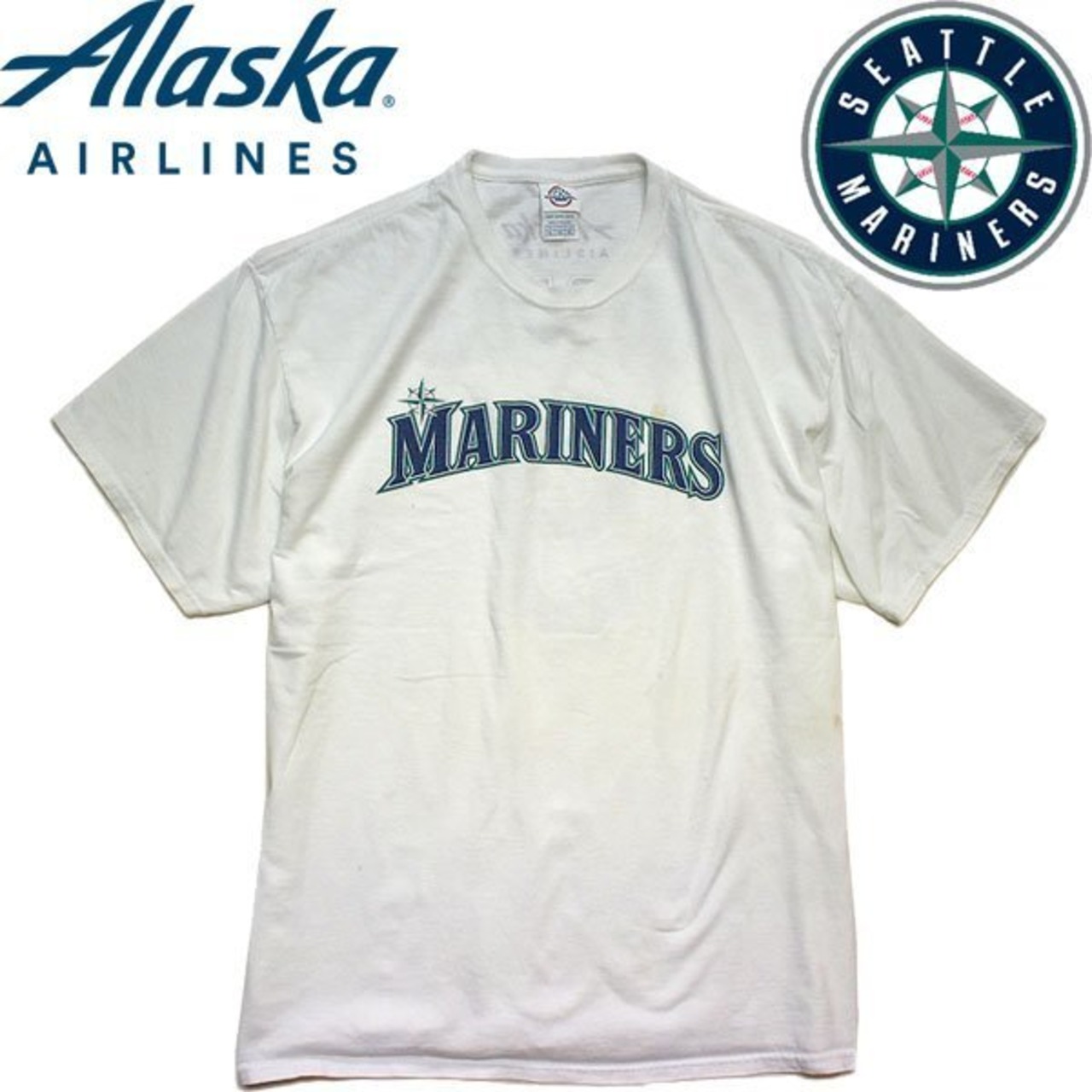 1点物◇シアトルマリナーズMLB企業ロゴ白バックプリントTシャツUSA古着 