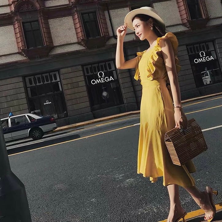 袖フリル イエローワンピース リボンベルト付き | LILIANA