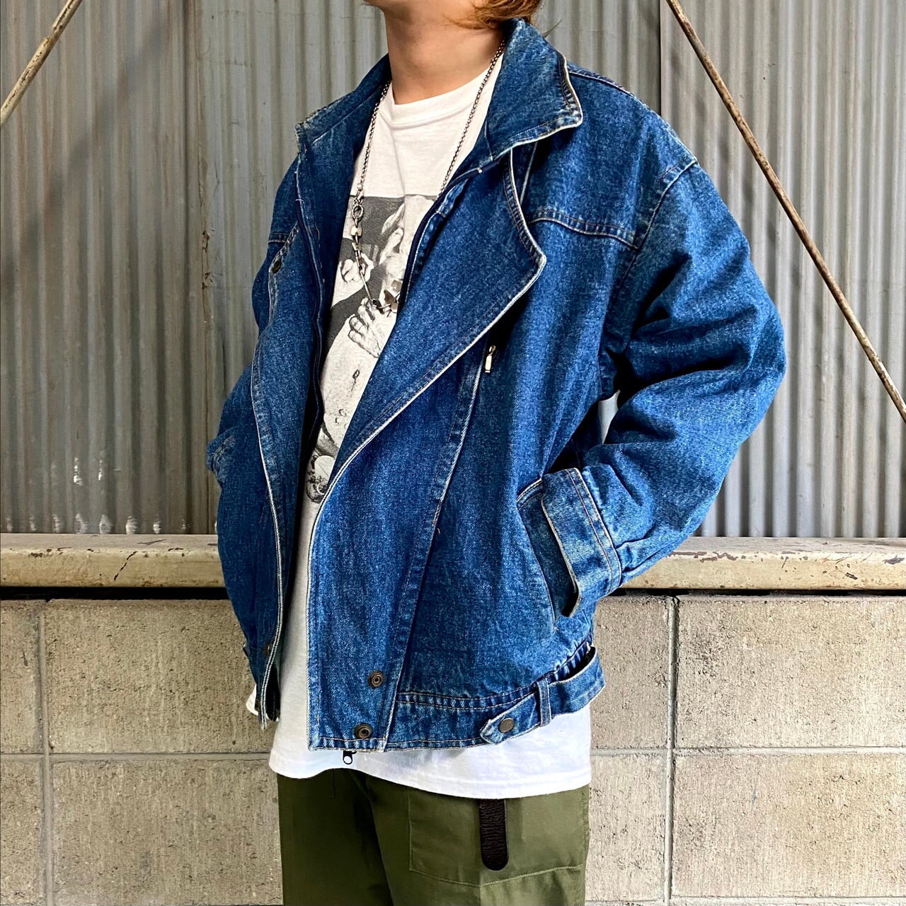 変形デザイン デニムジャケット レディースxl相当 メンズl相当 古着 デニムブルゾン スタンドカラー チェックネルライナー 濃色 デニムジャケット Ws21 Cave 古着屋 公式 古着通販サイト