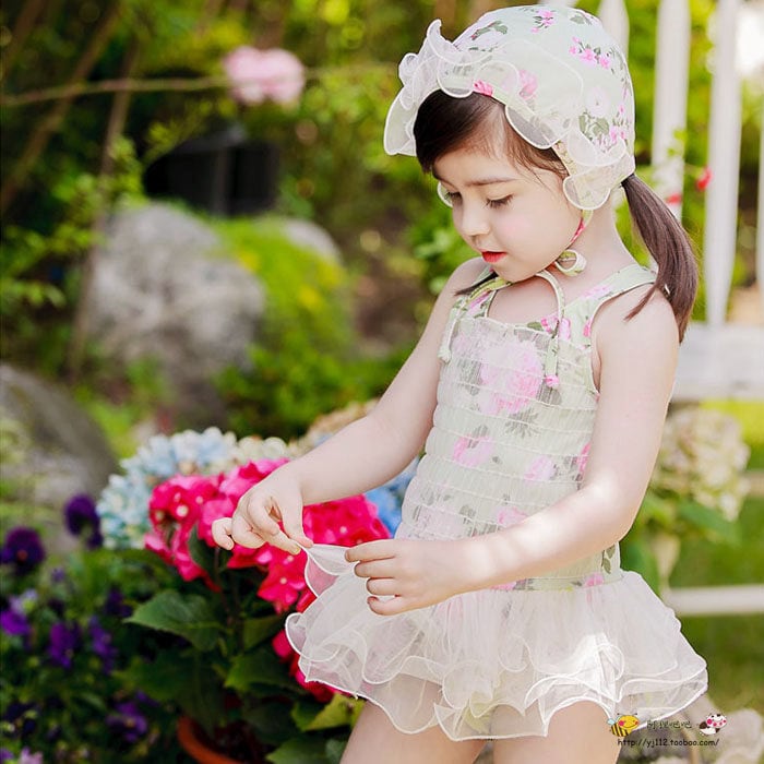 韓国子供服 花柄水着 スイムキャップ付き 女の子 ワンピース】 キッズ