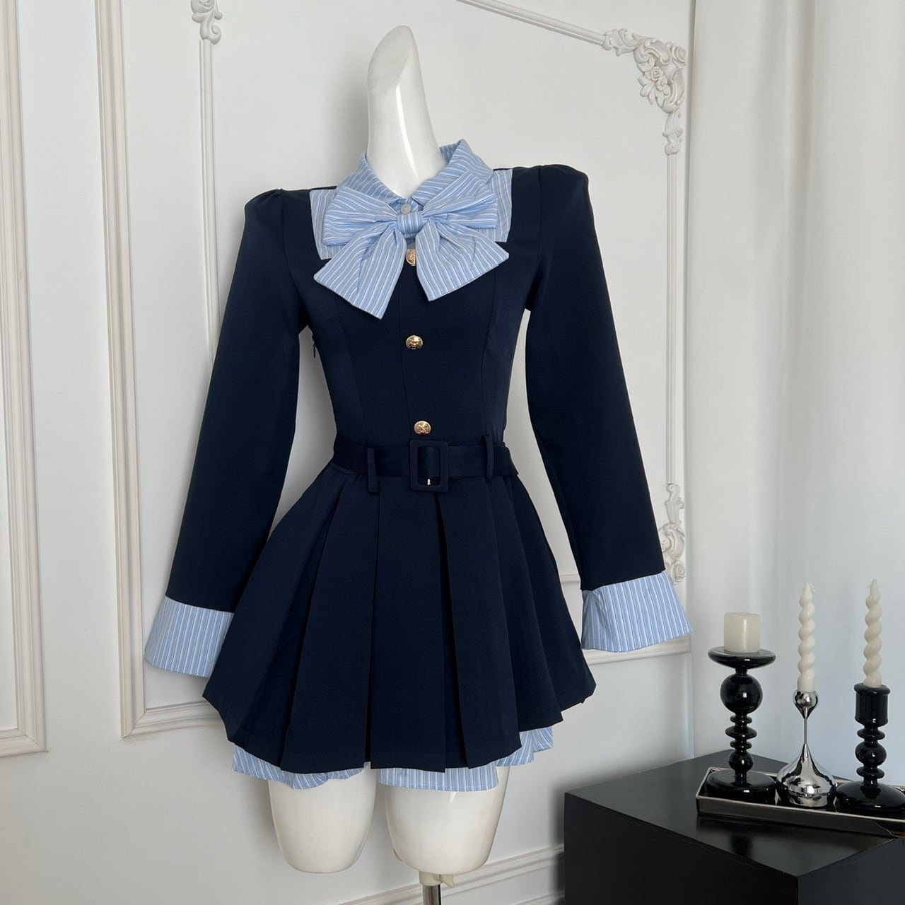 Myurina 学生服風リボンフレアミニワンピース ワンホン 韓国 長袖
