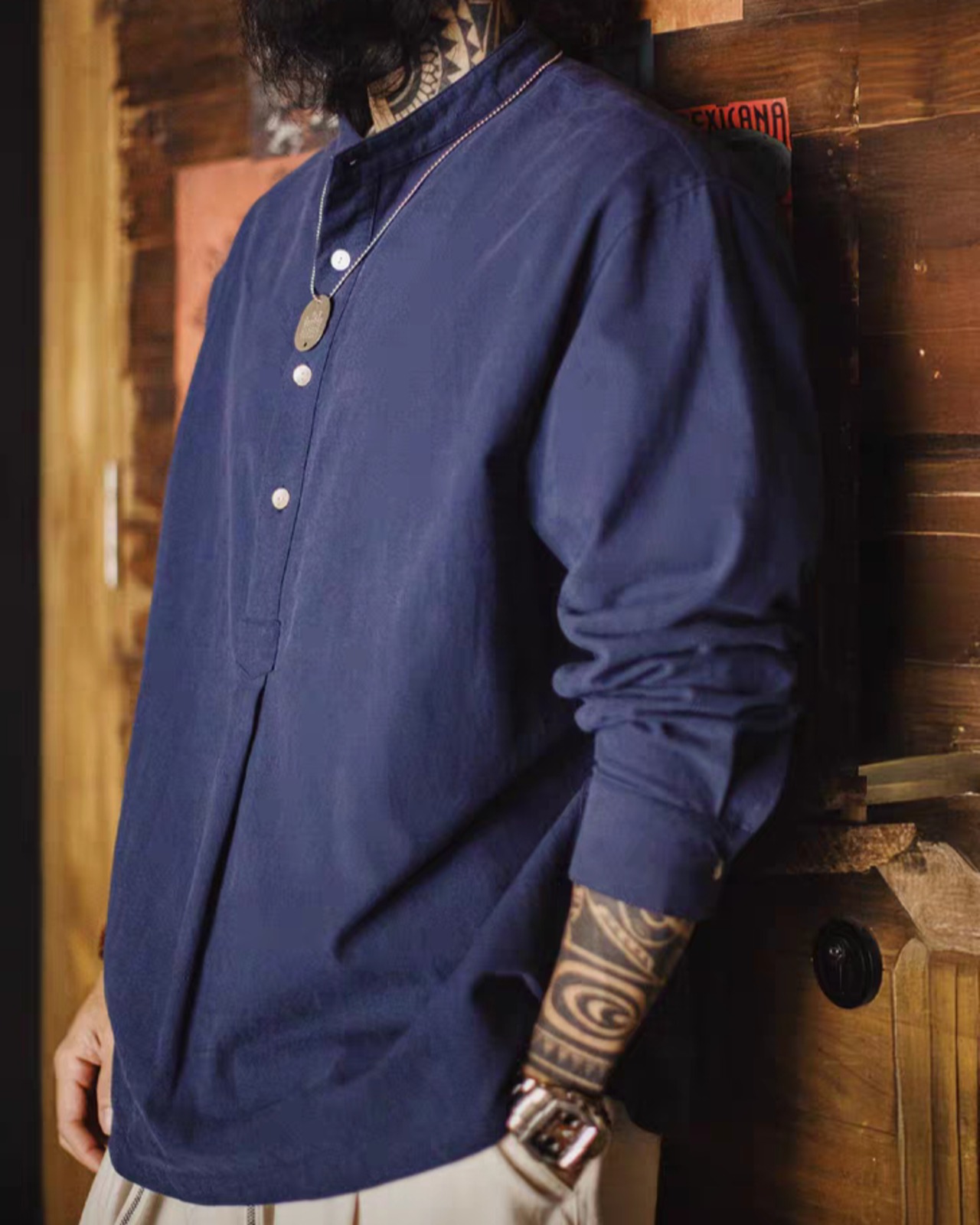 Navy Stand-Up Collar Shirt  K0249