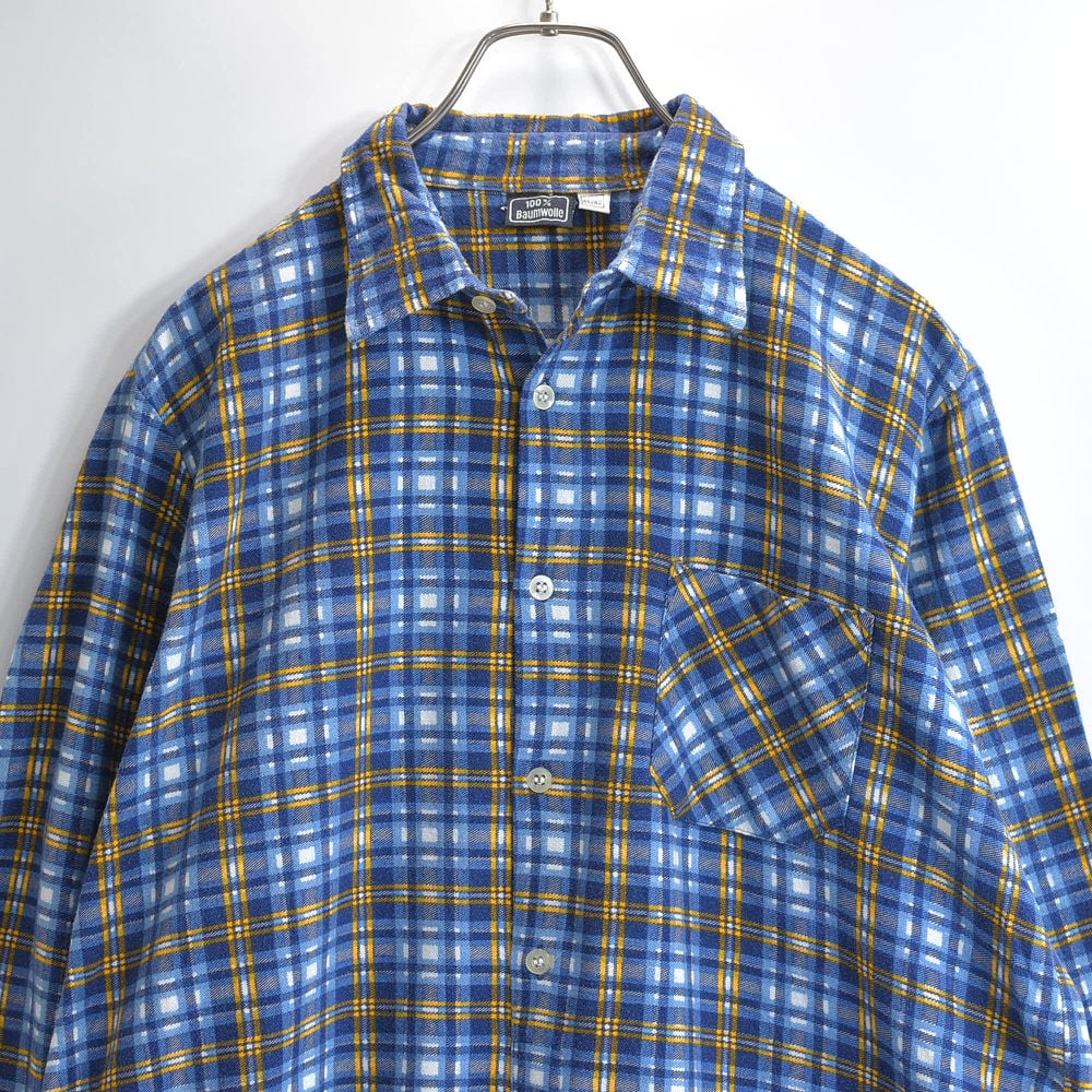 70~80s Eur Vtg プリントチェック プルオーバー フランネルシャツ グランパシャツ ロング丈 ユーロヴィンテージ ビンテージ ブルー ヨーロッパ古着 メンズL相当