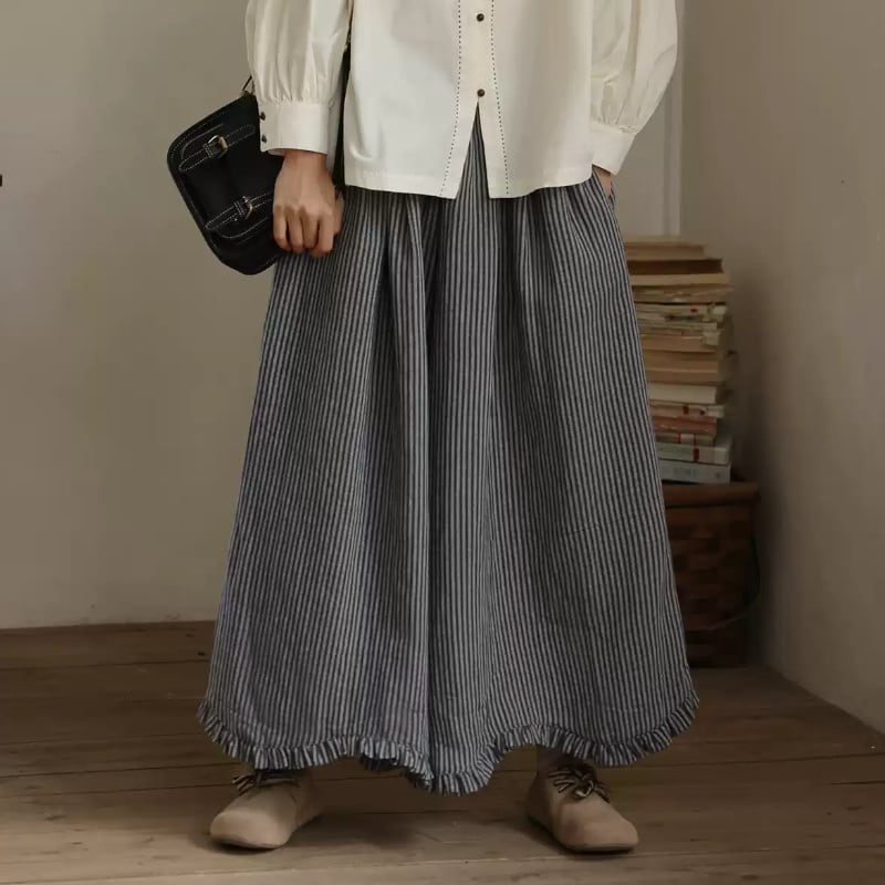 ストライプ柄ワイドレッグカジュアルパンツ M1973