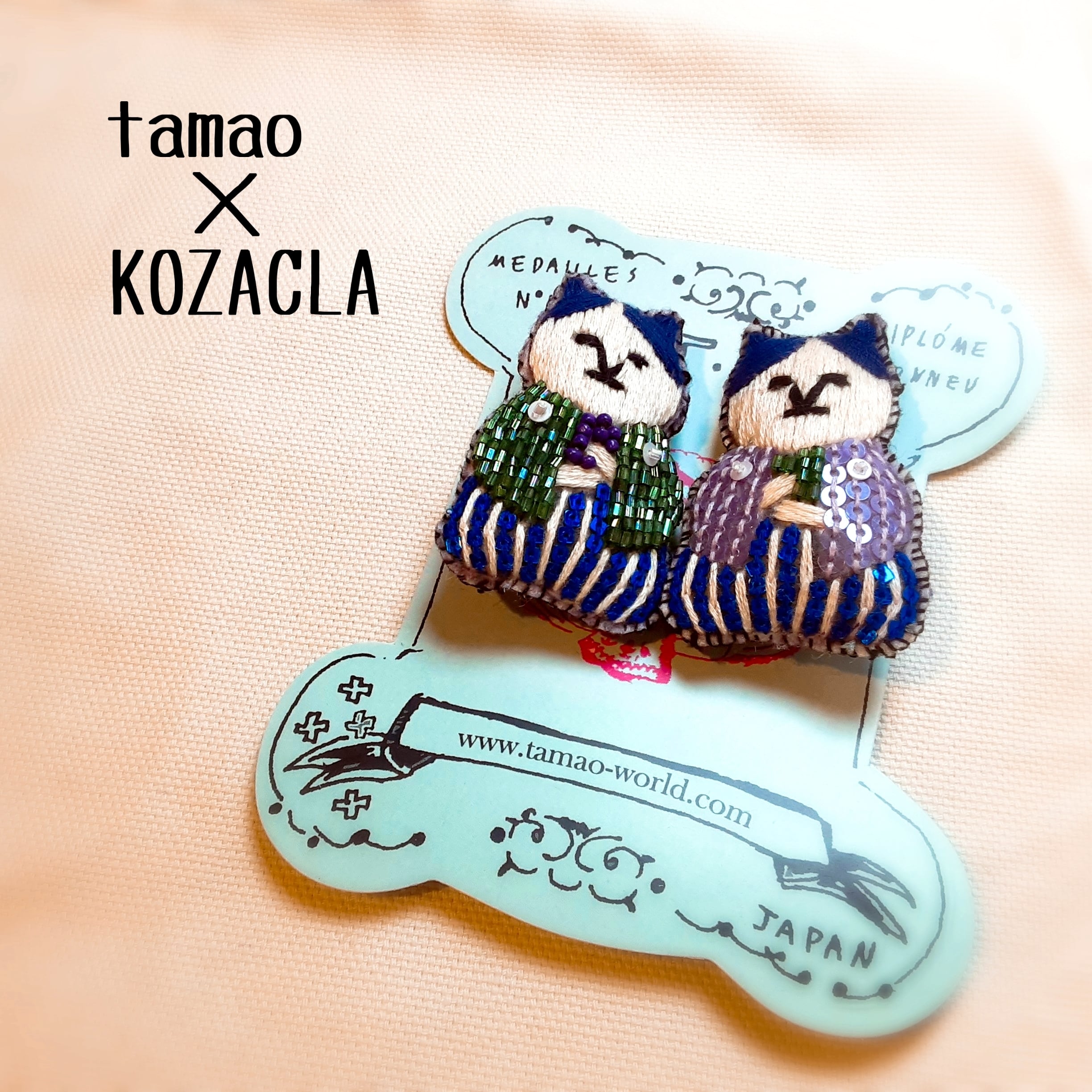 tamao×KOZACLA 刺繍ﾐﾆ ブローチ ｾｯﾄ ねこ茶商 ﾈｺ ﾊﾝﾄﾞﾒｲﾄﾞ | OMOKOKORO