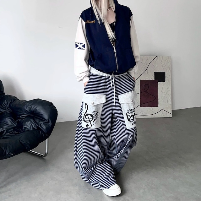 ミュージックグラフィックボーダーワイドシルエットパンツ 1col R02817