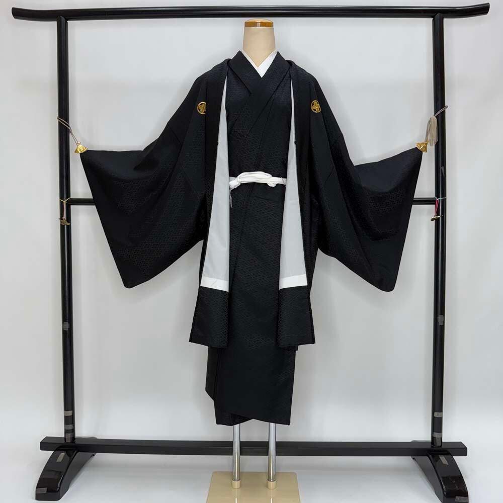 男紋付 2点セット 男着物 紋付 ポリエステル 羽織 長着 裄74.8cm 2L size 黒 五つ紋 中古 成人式 5044