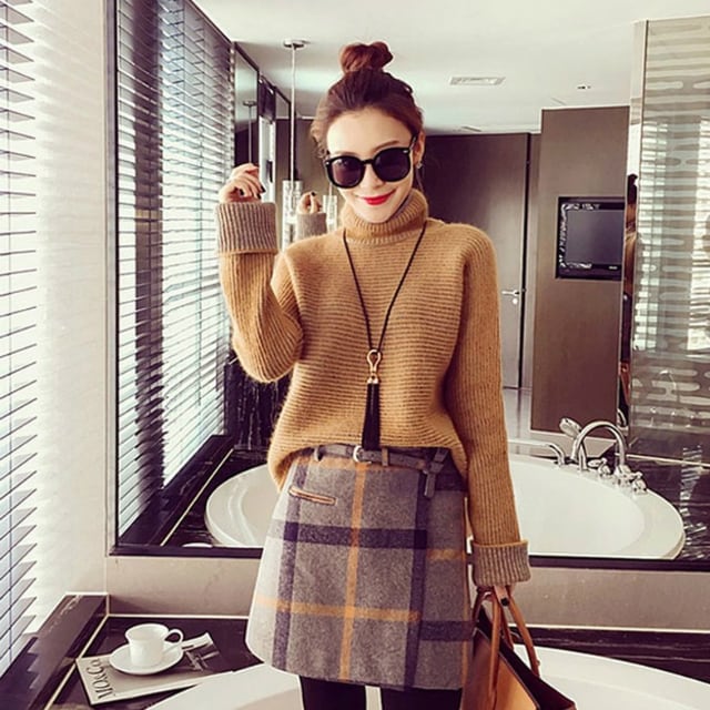 セットアップ リブニット チェックミニスカート タートルネック 台形