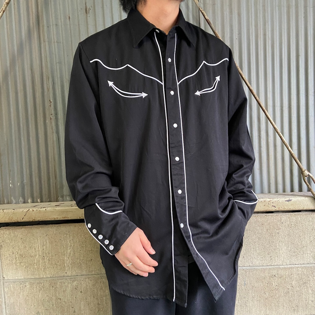 ROPER バック刺繍 長袖 ウエスタンシャツ メンズL 古着 ブラック 黒 