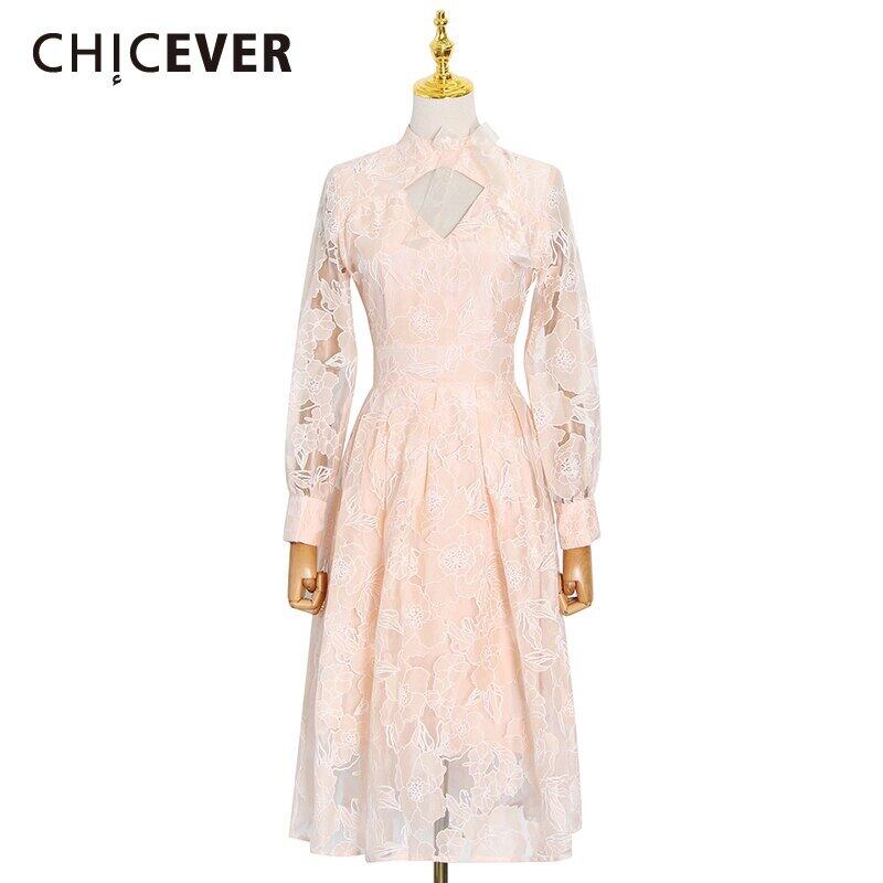 CHICEVERパーティードレス女性スタンドカラー長袖パッチワークレース中空アウトシャーリングドレス2021服 ロング 6base580443951602