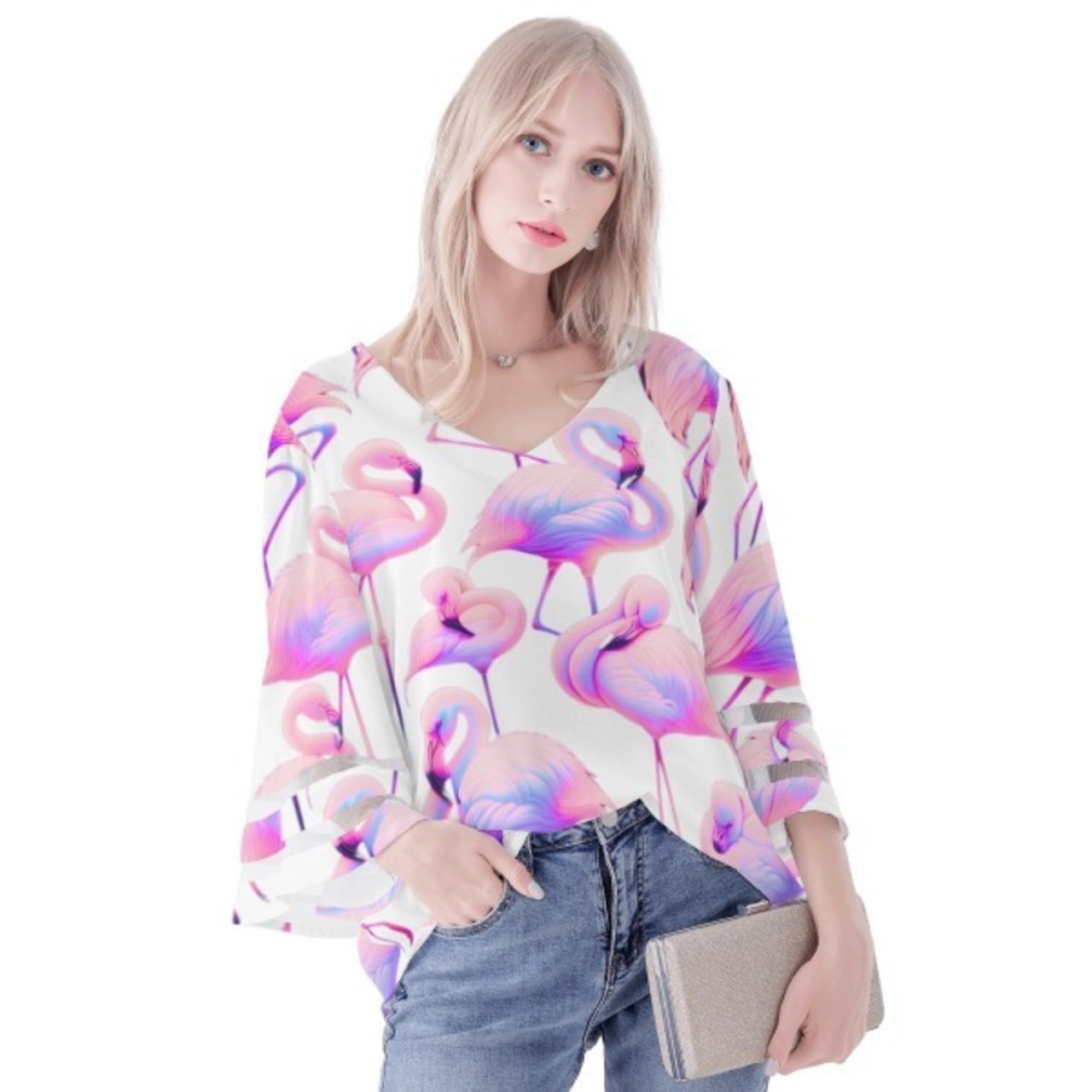 Women's Loose Chiffon Blouse with Puff Sleeves Neon 4507