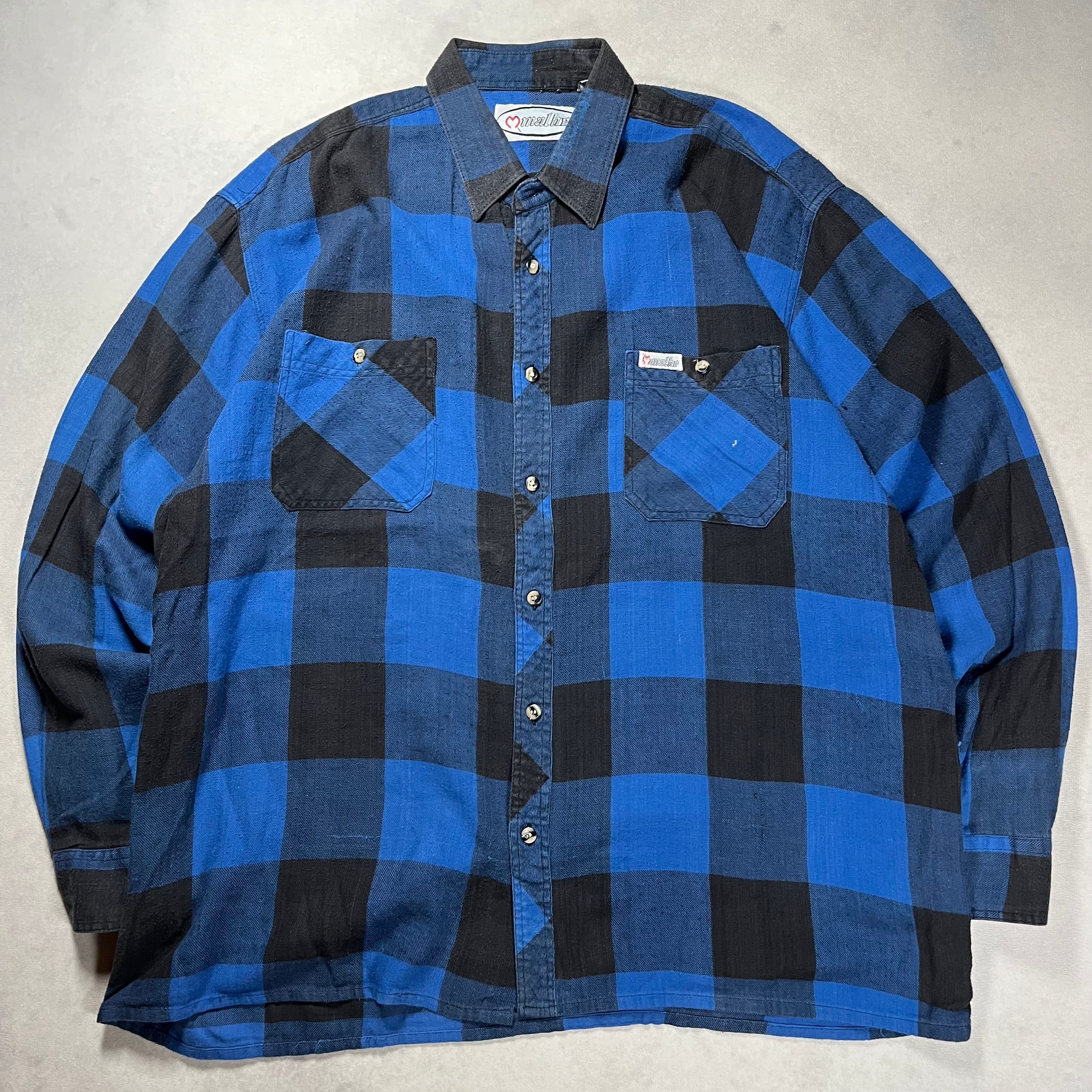 OshKosh 青黒チェック柄ネルシャル 90s OSHKOSH オシュコシュ ブロックチェック ネルシャツ 青黒【M