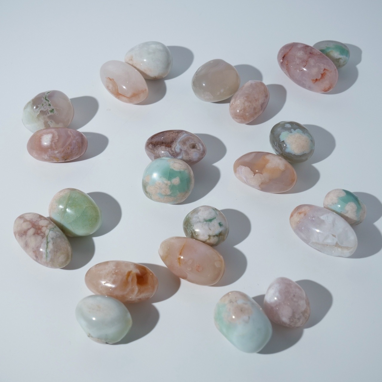 フラワーアゲート グリーン & ピンク / タンブル 握り石【2個set】