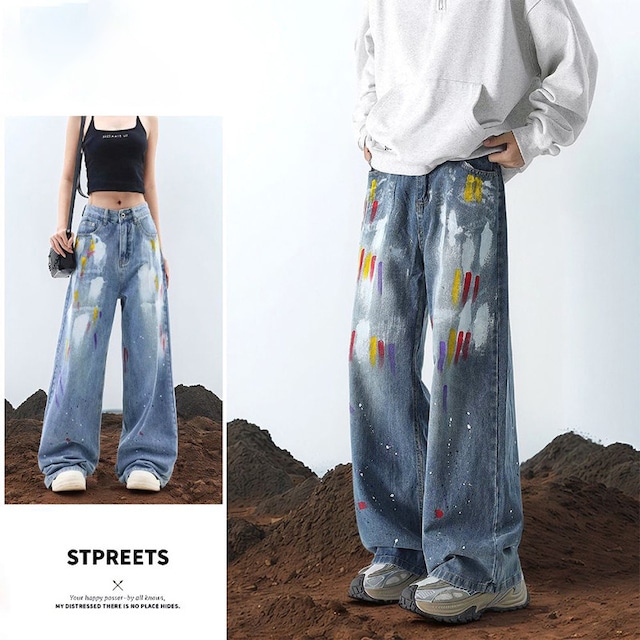 ♥おしゃれな落書きデニムパンツ!【BOBMシリーズ】★デニムパンツ★ 落書き ボトムス ズボン ユニセックス メンズ ファション